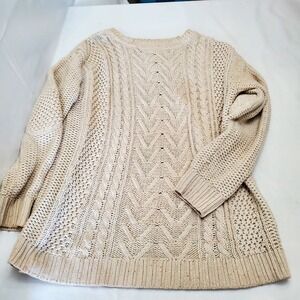 BDG Women's M Cable Knit Sweater Beige WAccents Pullover Elbow Patch‎ Fisherman